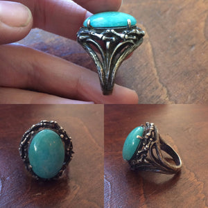Vintage Carved Silver Bamboo & Amazonite Ring