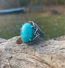 Load image into Gallery viewer, Vintage Carved Silver Bamboo &amp; Amazonite Ring
